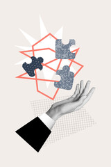 Wall Mural - exclusive vertical photo collage of business hand show puzzle piece strategy solution development fl