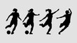 © Ashes Studio - A vector set of woman soccer player silhouette icons, showcasing various dynamic poses such as dribbling, kicking, passing, and celebrating a goal.