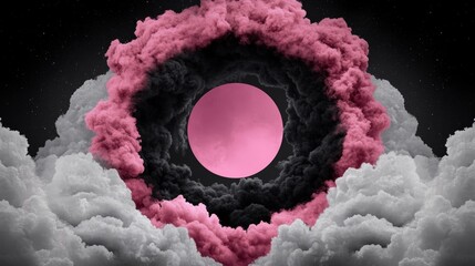 Wall Mural - Pink moon surrounded by dark and light clouds in a surreal dreamscape. An ethereal and moody image.