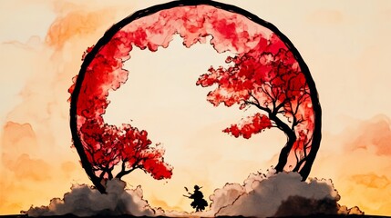 Poster - A lone figure stands silhouetted against a vibrant sunset, framed by a circular arch of crimson trees.  A serene watercolor painting.