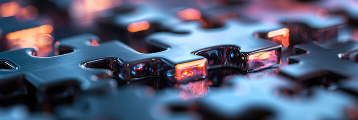 Poster - Interconnected Metallic Puzzle Pieces with Illuminated Gaps