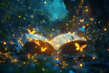 Poster - Enchanted forest scene with glowing book and magical creatures for fantasy illustrations