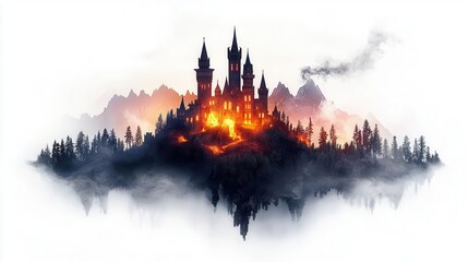 a fairy tale castle with glowing towers, magical landscape, dreamy style, pastel tones, isolated on 
