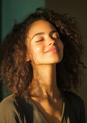 Wall Mural - a woman with curly hair is smiling