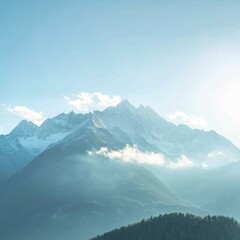 Wall Mural - Majestic mountain range against a backdrop of soft clouds in a blue sky inviting exploration and tranquility. Generative AI