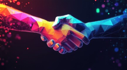 colorful digital - style handshake with polygonal patterns and network lines, embodying business coo