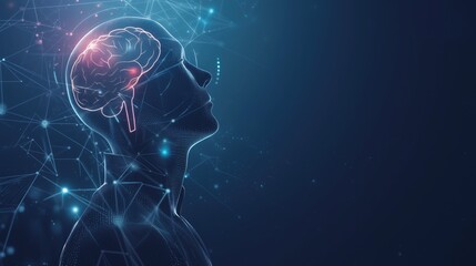 Poster - Digital silhouette of a human head with a highlighted brain and network lines, representing artificial intelligence, neuroscience and cognitive technology concepts.