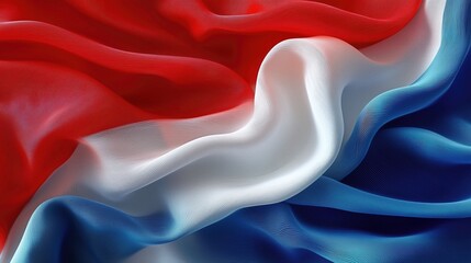 Fototapete - Flowing red, white, and blue fabric - like pattern with wavy lines, representing color, design and digital art concepts.