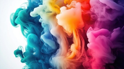 Fototapete - Vivid, swirling clouds of colorful smoke in shades of blue, yellow, orange, pink and purple on a white background, representing color, art and digital design concepts.