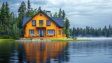 Poster - Lakefront cabin, tranquil forest, misty morning, real estate