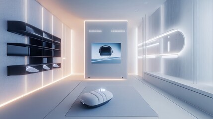 Wall Mural - Spacious VR room with adjustable shelving, wall-mounted sensors, and a minimalist design that focuses on the virtual experience without distractions