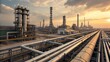 © Ruby - Golden Hour Refinery Industrial Sunset Landscape, High-Angle Pipes, Processing Plant, Refining Process, Oil Industry Refinery, Pipeline