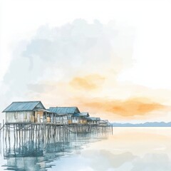 Aufkleber - Peaceful fishing village by the sea with wooden houses on stilts at sunset. Generative AI