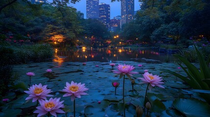 Wall Mural - pond with water lilies and singapore skyline at twilight featuring iconic skyscrapers and reflection