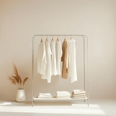 Poster - Minimalist clothing rack displaying neatly arranged garments in bright, neutral tones for a fresh, serene atmosphere. Generative AI