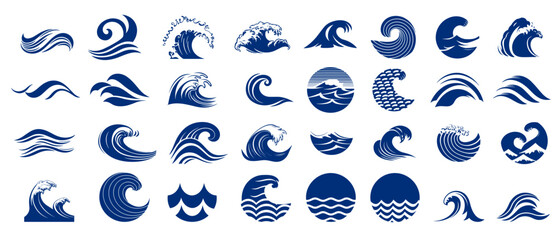 wave logotypes. water splashes logo, flowing liquid motion curves stripes swirls silhouettes set vec