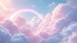 © Din Nasahrudin - A whimsica pastel rainbow unicorn background shines with sparkling stars against a soft, pink fantasy sky. Fairy iridescent gradient backdrop. unicorn resting on a fluffy cloud with a vibrant rainbow.