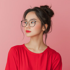 Stylish young woman in red top with glasses indoor portrait soft pink background contemporary fashion close-up view personal expression