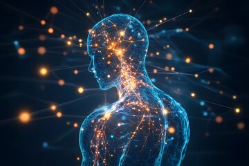 Aufkleber - Digital Human Silhouette with Glowing Connections and Neural Network