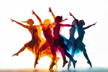 Dynamic dancers create vibrant silhouettes with motion blur and colors against a clean white background. Generative AI