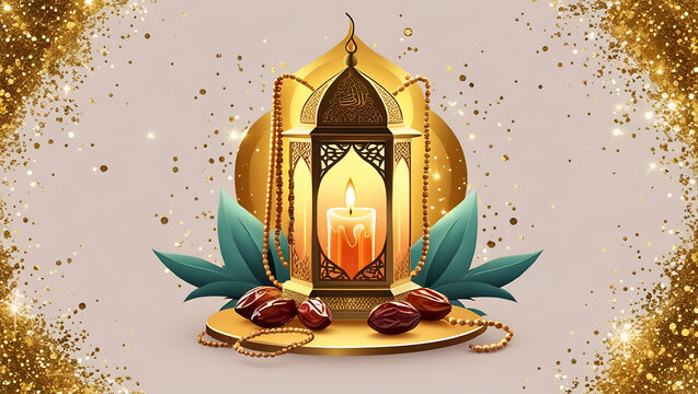 Eid Mubarak Greeting Gold Glitter Particles. Ramadan Candle Lantern with Wooden Prayer Beads and Dates
