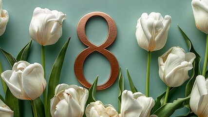 Poster - This Decorative arrangement featuring white tulips and a copper number eight, symbolizing Women's Day.