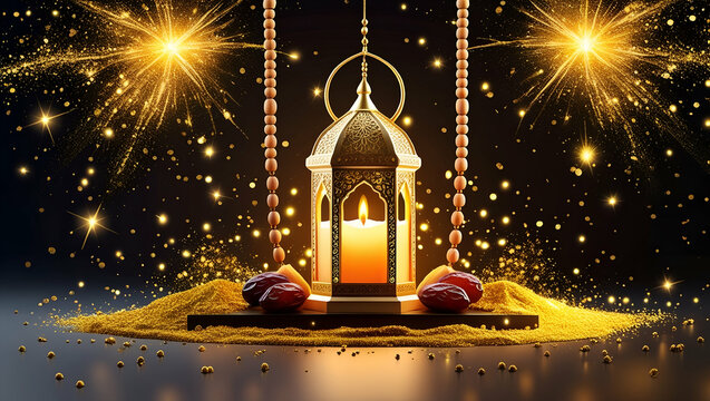 Eid Mubarak Greeting Gold Glitter Particles. Ramadan Candle Lantern with Wooden Prayer Beads and Dates
