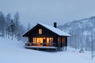 Wall Mural - Cozy wooden cabin glowing in snowy winter wonderland at twilight