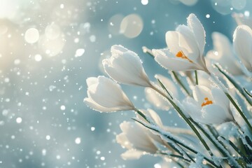 Wall Mural - Beautiful white crocuses blooming in winter wonderland