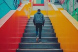 Young man climbing colorful stairs toward personal growth and success