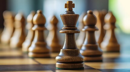 Close-up of a wooden chess piece highlighting strategic gameplay and competition in a thoughtful setting.