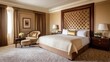 © Timeless Touch - Spacious bedroom with a floor-to-ceiling padded headboard, soft carpeting, and understated gold details