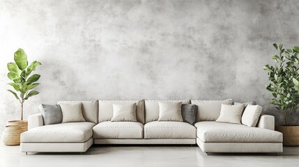 Wall Mural - Spacious industrial living room with concrete walls, a sectional sofa, and minimal decor