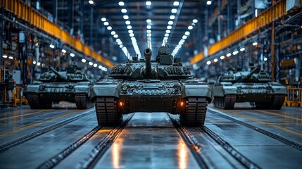 Poster - Lined up in an expansive factory, military tanks await deployment as bright lights illuminate their armored exteriors. Tension fills the air as preparations intensify for upcoming maneuvers