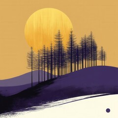 Wall Mural - Sunset over hills with silhouetted trees and vibrant sky