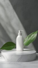 Poster - A simple yet elegant cosmetic bottle stands on a marble pedestal, surrounded by lush green leaves. Sunlight streams through, creating soft shadows that enhance the tranquil atmosphere