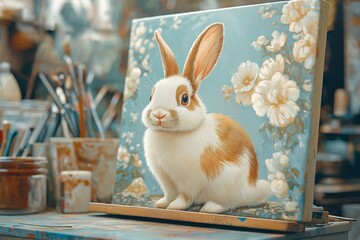 Sticker - Colorful easter bunny and chick illustrations featuring cute bunny in art studio setting. Concept emphasizes easter bunny and chick illustrations in playful, artistic environment