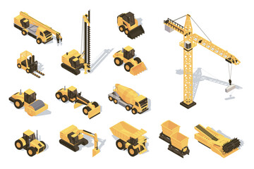 Poster - Construction equipment 3d isometric mega set in flat design. Collection isometry elements of trucks, bulldozers, concrete mixer, tractors, backhoes, forklifts, other machinery. Vector illustration.