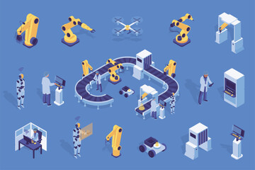 Fototapete - Automatic factory 3d isometric mega set in flat design. Collection isometry elements of robotic arms, robot assistance, conveyor belt, line assembling, production process, other. Vector illustration.