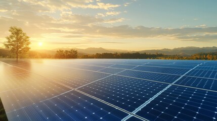 Wall Mural - hyper realistic solar farm with advanced panels reflecting sky under golden light in late afternoon