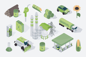 Poster - Biofuel 3d isometric mega set in flat design. Collection isometry elements of renewable bio energy, sunflower, corn, factory, car station, biodiesel canister, barrels, other. Vector illustration.
