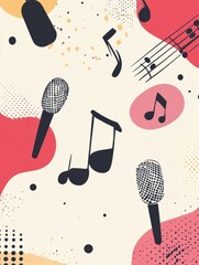 Aufkleber - Creative minimalist K pop inspired background featuring music notes and microphones in vibrant colors. Generative AI