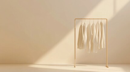 Fototapete - Minimalist clothing rack displaying neatly arranged garments in a soft lit room. Generative AI
