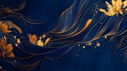 Poster - Flowing abstract design featuring golden and dark blue hues, perfect for backgrounds or artistic projects.