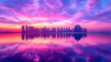 Wall Mural - stunning sunset view over cityscape of dubai marina with modern architecture and water reflections