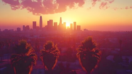 Wall Mural - vibrant sunset over the city skyline with orange and pink hues in los angeles california