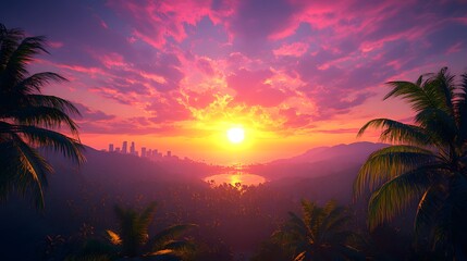 Wall Mural - vibrant sunset over los angeles city skyline with silhouette of palm trees in the foreground