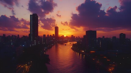 Wall Mural - city skyline at sunset with colorful clouds and silhouette of skyscrapers against the evening sky