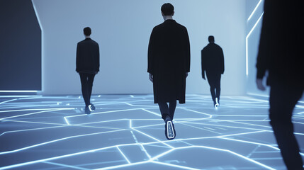 Poster - group of people walking on futuristic illuminated floor, creating sense of digital innovation and modern technology. scene is minimalistic with focus on geometric patterns and glowing lines