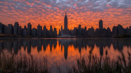 Wall Mural - city skyline with tall buildings reflecting in a lake during sunset with colorful sky and clouds